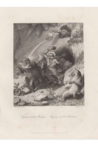 Orig. Stahlstich: Isegrim and the monkeys. Isegrim und die Meerkatzen.   - Leutemann, French.