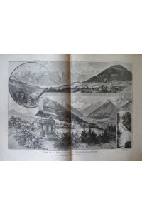 Blick von der Wittingswarte auf die Gebirszüge um Innsbruck. Holzstich von W. Humer, rückseitig mit Text, 24 x 34, 5 cm, ca. 1890.