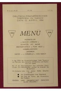 Speisekarte / Menü für ein Deutsch-Französisches Treffen in Nancy den 12. April 1964 der Vereinigung der Verfolgten des Naziregimes mit dem FNDIRP (Federation Internationale de la Resistance) (dt. -französisch)