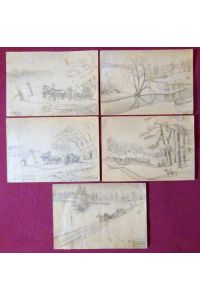 5 postkartengroße mit Blei gezeichnete Feldpostkarten mit romantischen winterlichen Motiven aus Konotop u. Umgebung (Schlittenfahrten, Winterlandschaft, gefrorener Fluß)