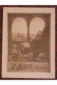 Exlibris für Dr. Hober. Motiv: Alchemist mit Buch, aus Fenster blickend. Original-Lithographie auf Bütten