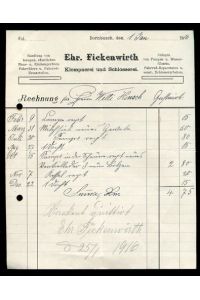 Ehr. Fickenwirth, Klempnerei und Schlosserei, Dornbusch: Rechnung 1916.
