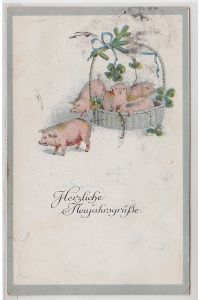 47704 Neujahrs Ak Glücksschweine im Körbchen 1921