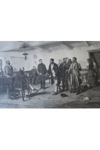 Gerichtsverhandlung. Vor dem Richter.  Holzstich nach dem Gemälde von S. Bihari, rückseitig mit Text, ca. 23 x 23 cm, um 1880.