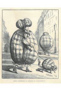 Modes Parisiennes en prévision du bombardement. Eine Pariser Dame mit ihrem Hündchen in grotesker Schutzbekleidung.