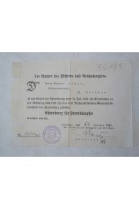 Originale Verleihungssurkunde Ehrenkreuz für Frontkämpfer / C o t t b u s