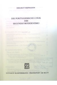 Die Portugiesische Lyrik des Segundo Modernismo.   - Analecta Romanica, Heft 39