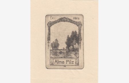 Alma Pilz. Landschaft mit Bäumen, darüber Blütengirlande.