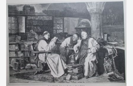 In der Bibliothek. Holzstich von E. A nach Eduard Grützner, rückseitig mit Text, 23 x 33 cm, 1883.