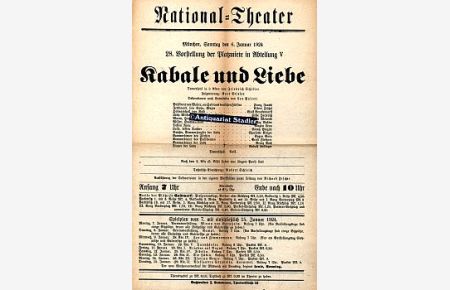 Theaterzettel für Kabale und Liebe. Trauerspiel in 5 Akten von Friedrich Schiller. München, Sonntag den 6. Januar 1924.