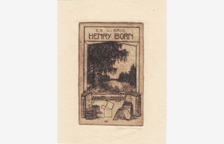 Ex Libris Henry Born. Nadelbaum, darunter stehende und liegende Bücher, geometrische Zeichnung und Notenzeile.