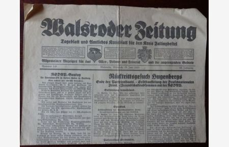 Walsroder Zeitung. . Nr. 148. 28. Juni 1933.   - Schlagzeile: Rücktrittsgesuch Hugenbergs.