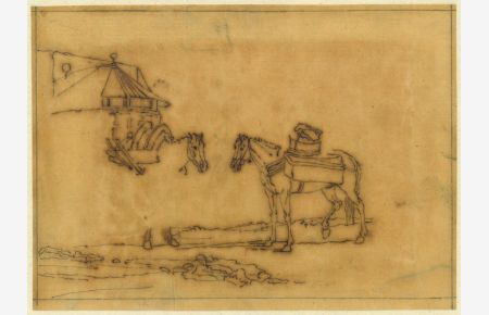 Studienblatt mir zwei Packpferden: rechts ein beladenes Packpferd, links Pferd mit leerem Packgestell vor einem runden Wachturm.
