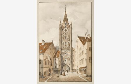 Der Schöne Turm. Seinen Namen gab ihm der reiche Fassadenschmuck. Er trennte die Neuhauser- und Kaufingerstraße. Goethe gedenkt des Turmes in seiner `Italienischen Reise`. Er wurde 1807 abgebrochen. Sein Grundriss ist beim Kaufhaus Hirmer in den Boden eingelassen.