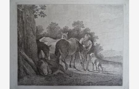 Eine Gruppe aus dem Berühmten Gemaehlde von P. Potter in der Fürstlichen Gallerie zu Cassel (recto)/ Pferde mit Bauer und Hund (verso). 2 Aquatinta-Radierungen von Tischbein auf 1 Blatt, 1787. Jeweils 19 x 26, 5 cm.