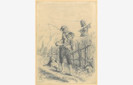 Ein Junge trägt einen kleinen Buben, mit Angel in der Hand, auf den Schultern. Sie spazieren fröhlich mit ihrem Hund am Feldrand entlang, hinter ihnen eine Vogelscheuche.