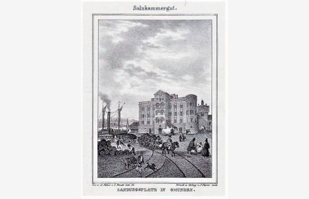 Landungsplatz in Gmunden. Orig. Lithographie von J. Stießberger nach Georg Pezolt.