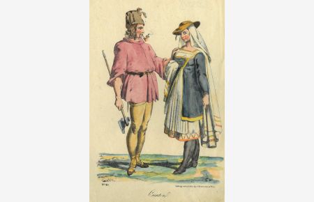 Croaten. Junges Paar in Tracht. Sie trägt einen Strohhut und eine Art Umhang, während er eine Pfeife raucht und eine Axt in der Rechten hält.