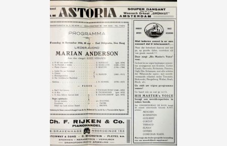 [Programmheft] Programma Hollandsche Concertdirectie Dr. G. de Koos. Lieder-avond Marian Anderson. Aan den vleugel: Kosti Verhanen