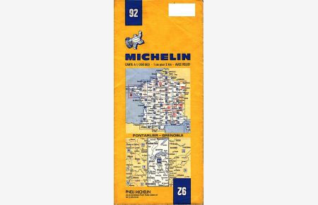 Pneu Michelin 92 ; Pontarlier - Grenoble  - Carte A 1 / 200 000 - 1 cm - pour 2 km - avec relief