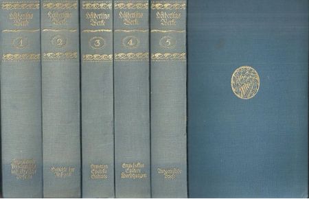 Gesammelte Werke. Herausgegeben von Wilhelm Böhm. [Band 1:] Jugendwerke, Philosophische und ästhetische Versuche. [Band 2:] Gedichte der Reifezeit. [Band 3:] Hüperion, Späteste Gedichte. [Band 4:] Empedokles, Spätere Übersetzungen. [Band 5:] Ausgewählte Briefe.