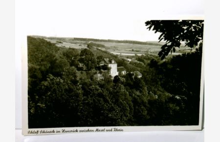 Schloß Schöneck im Hunsrück zwischen Mosel u. Rhein. Alte Ansichtskarte / Postkarte s/w, gel. 1958. Panoramablick über Schloß und Umland, Büdesheim