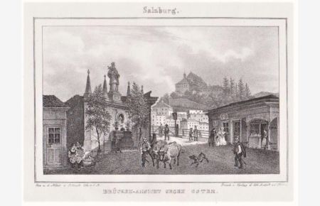 Brücken - Ansicht gegen Osten (Salzburg). Orig. Lithographie von J. Stießberger nach Georg Pezolt