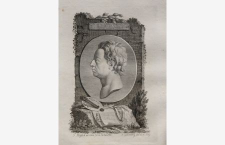 Portrait. Büste im Profil nach links in Medaillon. Kupferstich von H. Guttenberg nacxh F. Möglich.
