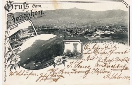 Gruss vom Jeschken, 1013 m ü. M.   - Potpourrie-Ansichtskarte mit 4 Bildern ( Reichenberg mit Jeschkenkette - Veranda - Jeschken - Thurm)