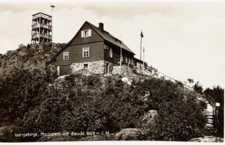 Hochstein mit Baude 1059 m. ü. M. - Isergebirge  - Foto-Ansichtskarte.