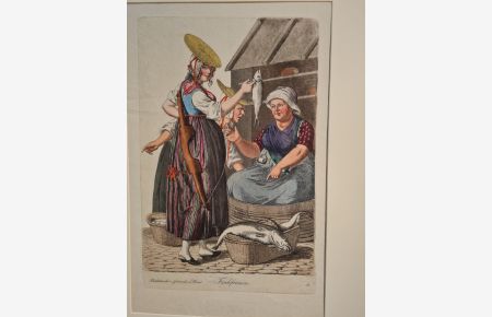 Fischfrauen. Altkolorierte Lithographie aus *Kleidertracht und Gebräuche in Hamburg, Blatt 31* - undatiert, um 1808.