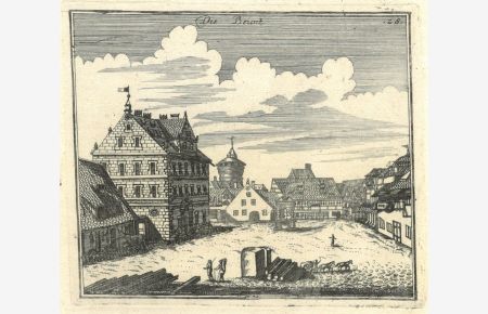 Die Beunt. Ansicht des Baumeisterhauses in der Nähe des Bahnhofs und die umliegenden Bürgerhäuser, im Hintergrund großer Rundturm der Stadtbefestigung.