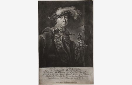 Portrait. Halbfigur enface mit Federhut und Schwert. Kupferstich in Schabkunstmanier (Mezzotinto) von Johann Matthias Schuster (1715-1758) nach dem Gemälde von Pesne.