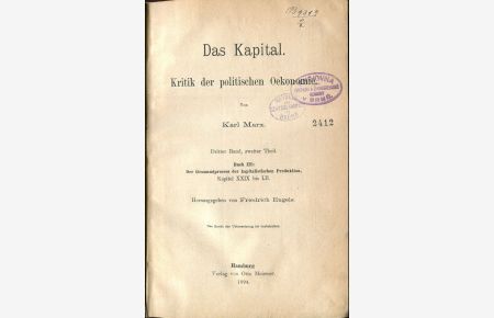 Das Kapital. Kritik der politischen Oekonomie. Dritter Band, zweiter Theil [First edition]