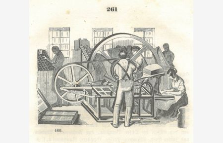Abbildung einer einfachen Schnellpresse mit zwei großen Treibrädern, an der eine Frau und ein Mann arbeiten.