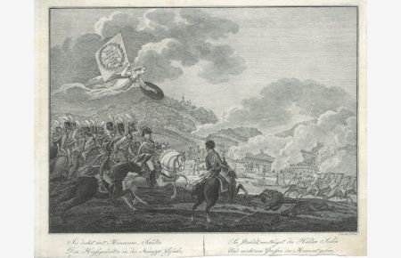 Schlachtendarstellung mit Reitern im Vordergrund und Intfanteristen im Hintergrund. Darüber die Göttin Minerva, darunter Sinnspruch.