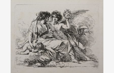 Allegorie auf die Malerei. Männliche und weibliche Gestalt mit einem kleinem Amor. Feine Radierung von Heinrich Friedrich Füger, ca.
