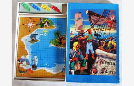 Piraten auf Fahrt!  - Gefaltetes Spielbrett, 4 Figuren, Spielanleitung, in farb. illustriertem Karton. Es fehlen die Würfel.
