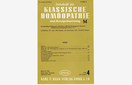 Zeitschrift für Klassische Homöopathie und Arzneipotenzierung. Band 27/1983, Heft 4/83, Juli / Aug.
