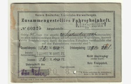 Verein Deutscher Eisenbahn-Verwaltungen. Zusammengestelltes Fahrscheinheft.