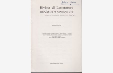 Relativism in Comparative Literature: A Short Reconsideration with Special Reference to Edward Said's 'Culture And Imperialism'. [From: Rivista di Letterature moderne e comparante, Vol. 48, Fasc. 4, 1995].