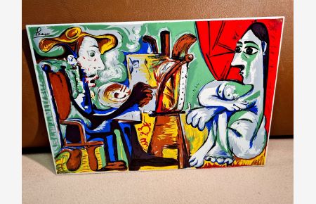 Große farbige Kachel nach Picasso. Der Maler und sein Modell, die Kachel oben links mit faksimilierter Signatur Picassos.