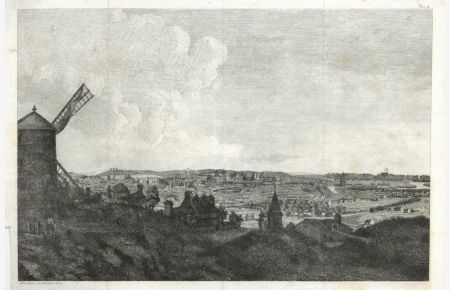 Gesamtansicht von Montmartre mit einer Windmühle am linken Bildrand.