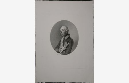 Portrait des Kaiser Joseph II. Brustfigur fast im Profil nach links in Oval. Kupferstich. Abzug vvor aller Schrift,