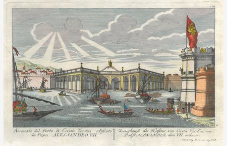 Zeughaus des Hafens von Cività Vecchia, von Pabst Alexander dem VII. erbaut. Blick auf das Zeughaus, rechts Befestigungsturm, im Vordergrund Galeeren und Ruderboote.