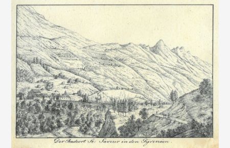 Der Badeort St. Saveur in den Pyrenäen, im Vordergrund hübsche Erntszene.