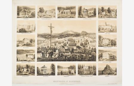 Erinnerung an Marienbad. Schöne Gesamtansicht (15 x 21 cm) von einer Anhöhe aus mit biedermeierlicher Personenstaffage, umgeben von 16 Teilansichten.