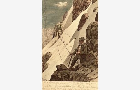[Zwei Bergsteiger bei einer Querung)  - farb. Litho--Ansichtskarte nach Zeichnung von Carl Moos.