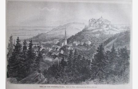 Schloß und Stadt Blankenburg im Harz. Holzstich von Albert Probst, rückseitig mit Text, 20 x 28 cm, 1878.