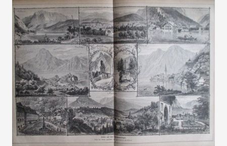 Bilder aus dem Salzkammergut.  Holzstich von Hermann Heubner, rückseitig mit Text, ca. 26 x 40 cm, 1878.